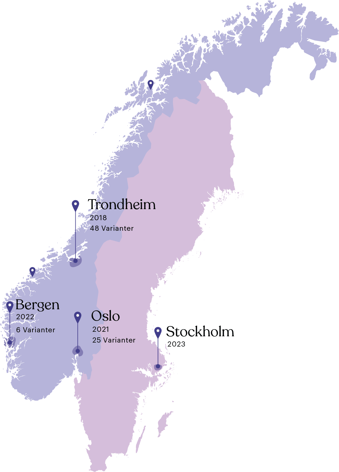Karta över kontor i Trondheim, Bergen, Oslo och Stockholm.